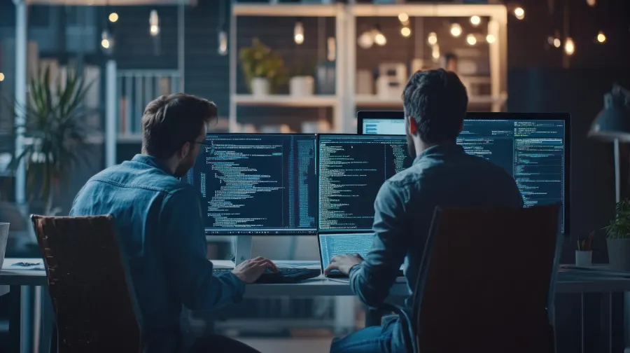Two specialists reviewing code together across multiple screens