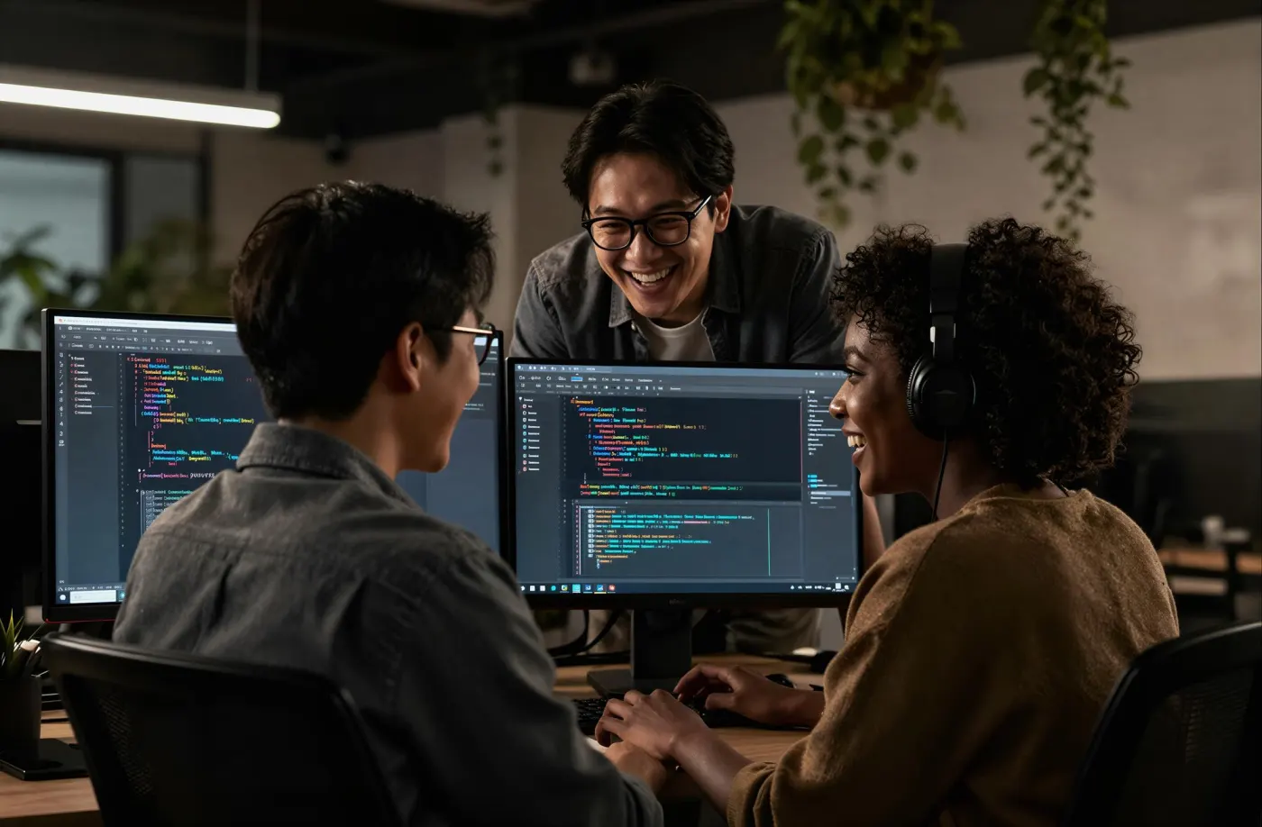 Technology professionals collaborating on a software project in a modern office